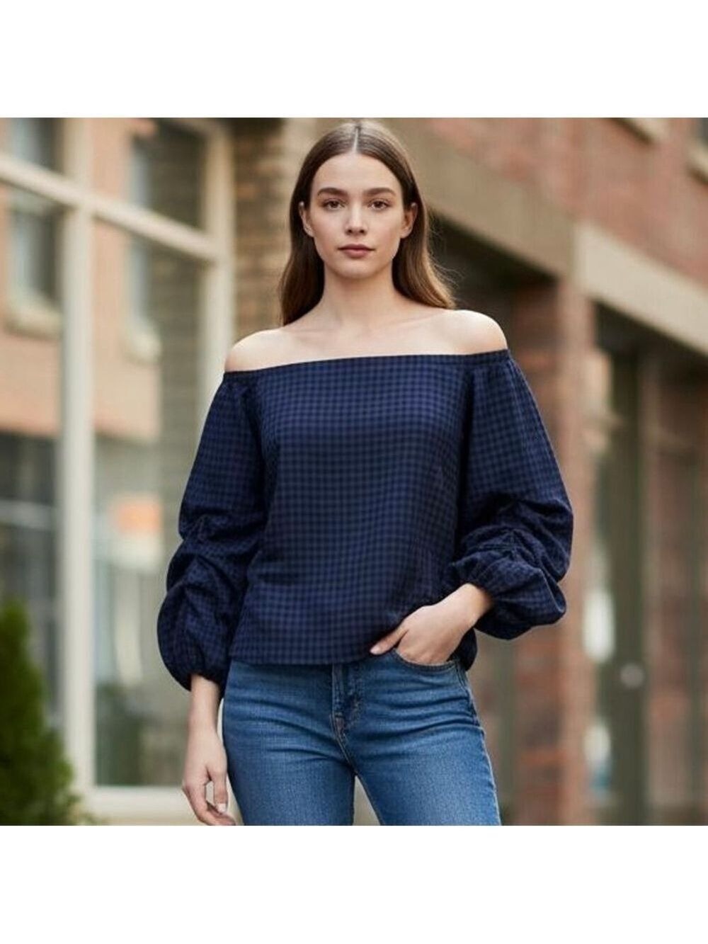 Anthropologie Guest Editor Gridwork Off The Shoulder Blouse top plaid Cotton S